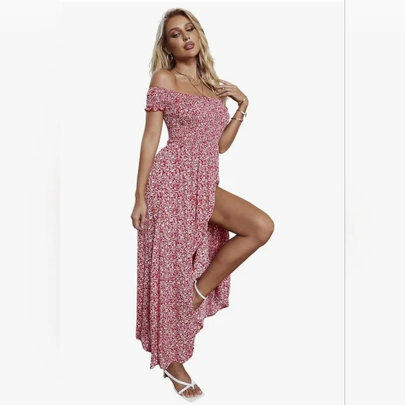 Floral Off-Shoulder Red Dress - Picture 2 of 3